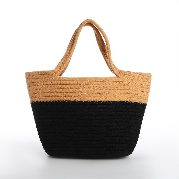 фото Сумка женская плетёная без застёжки, цвет чёрный/бежевый