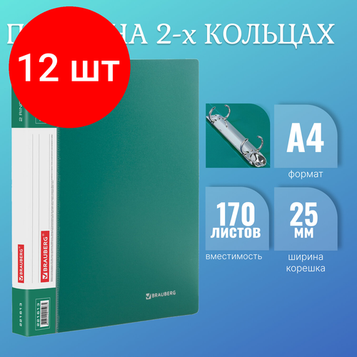 Комплект 12 шт, Папка на 2 кольцах BRAUBERG Стандарт, 25 мм, зеленая, до 170 листов, 0.8 мм, 221613