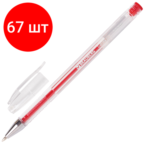 Комплект 67 шт, Ручка гелевая BRAUBERG Jet, красная, корпус прозрачный, узел 0.5 мм, линия письма 0.35 мм, 141020