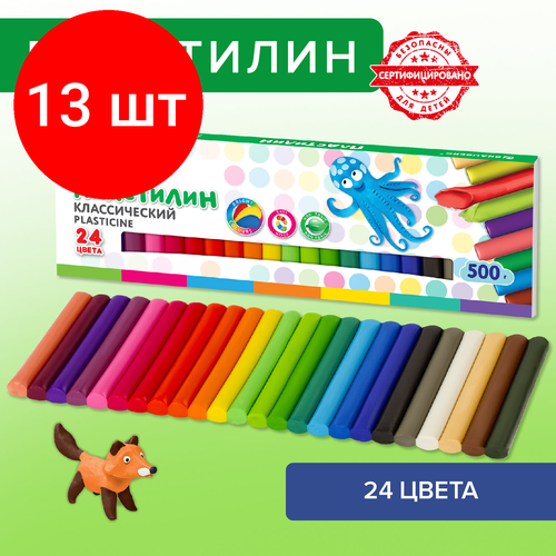 Комплект 13 шт, Пластилин классический BRAUBERG KIDS, 24 цвета, 500 г, высшее качество, 105874 комплект 11 шт пластилин классический brauberg kids 24 цвета 500 г высшее качество 105874