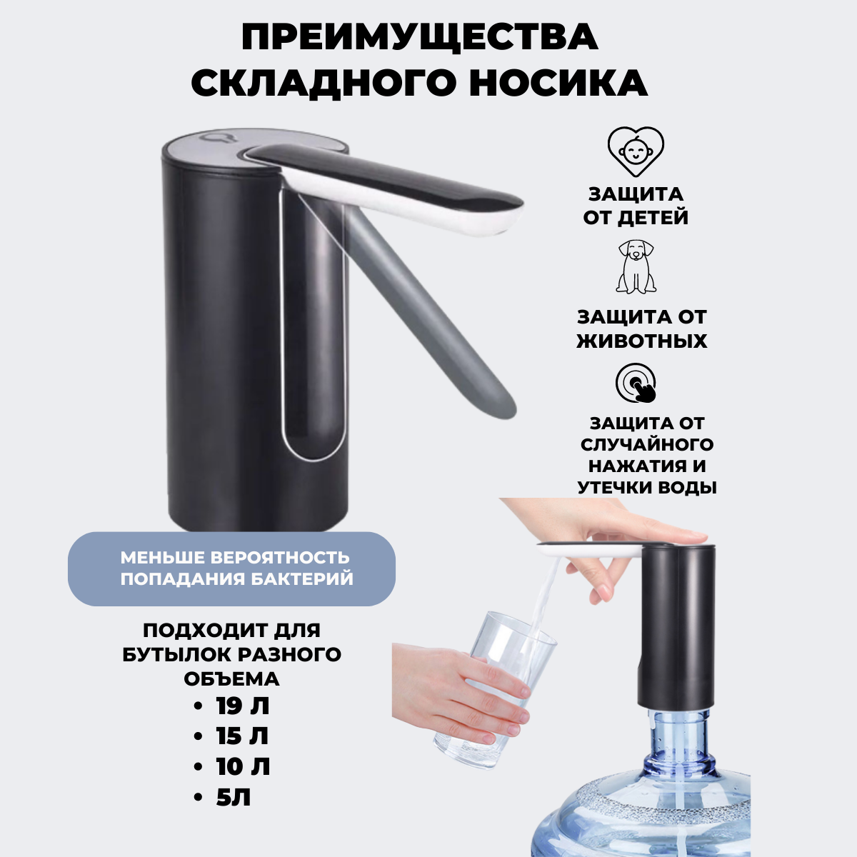 Помпа для воды электрическая с зарядкой от USB (черная)