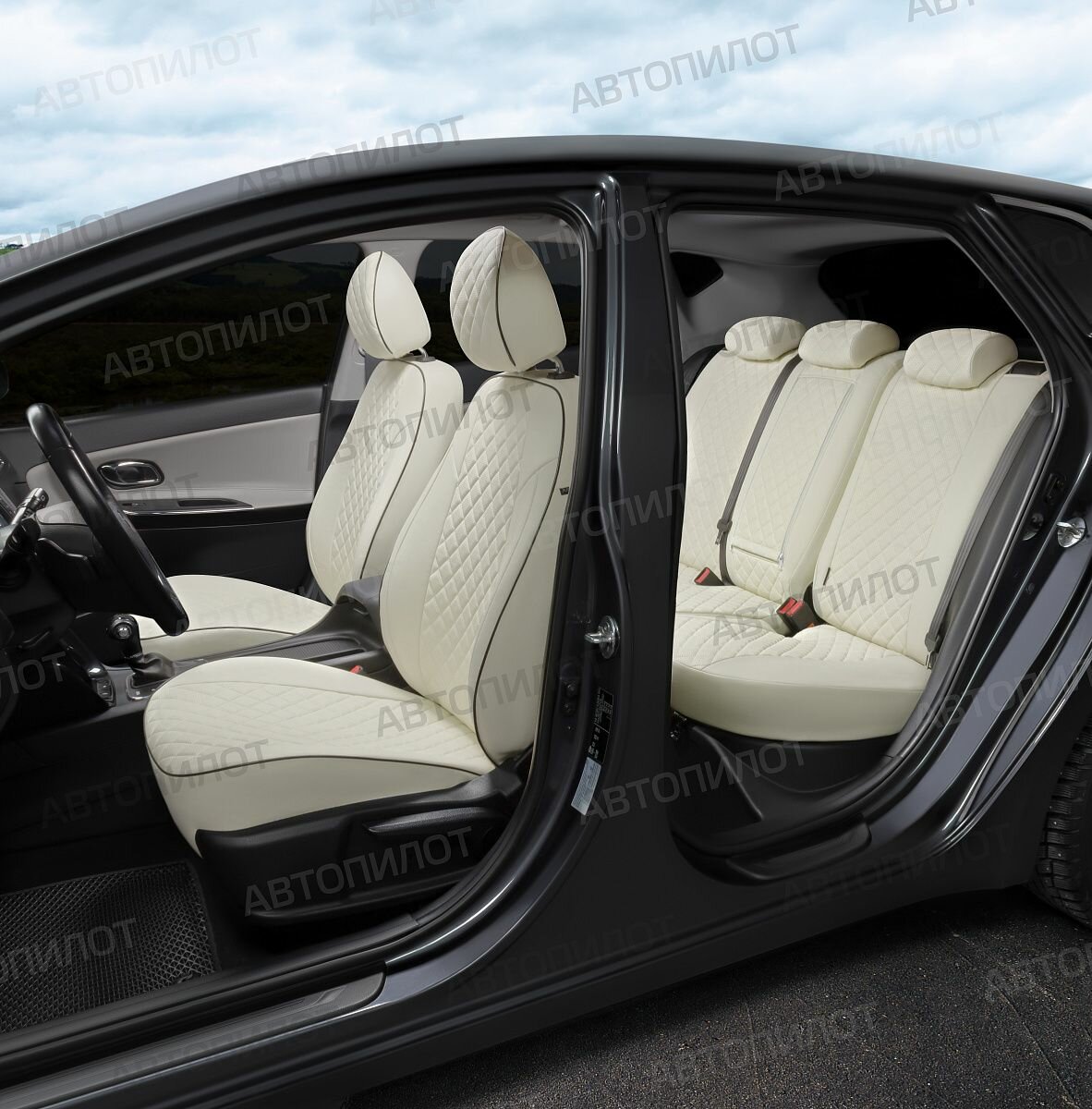 Чехлы для Рено Логан 2 спинка сплошная (2014-2022) / Премиум авточехлы на сиденья Renault Logan II, белый