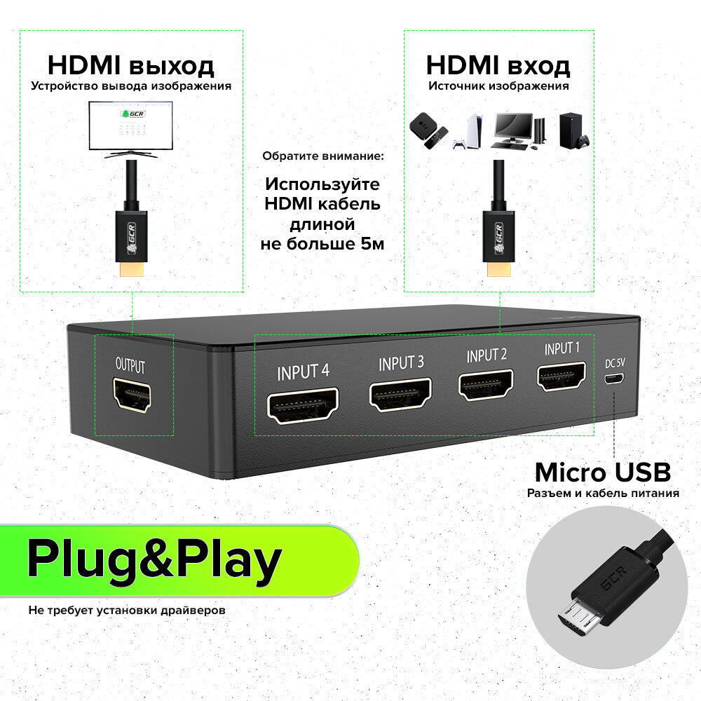 Переключатель HDMI 20 4 устройства к 1 монитору 4K60Hz 4:4:4 HDCP 22 (GCR-v401W2) черный