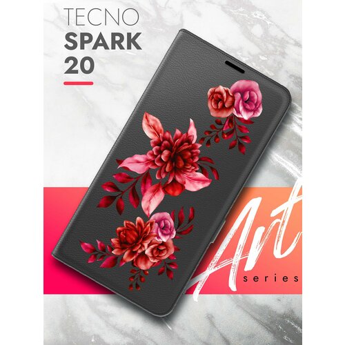 Чехол на Tecno Spark 20 (Техно Спарк 20) черный книжка эко-кожа с функцией подставки и магнитами Book case, Brozo (принт) Гранатовые Цветы чехол на tecno spark 20 техно спарк 20 черный книжка эко кожа с функцией подставки и магнитами book case brozo принт корги шарики