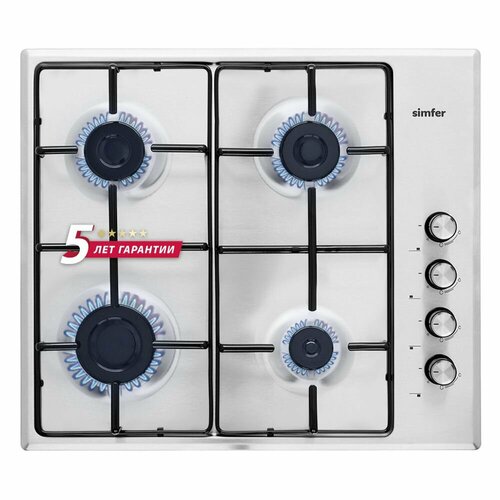 Газовая варочная панель Simfer 60см электроподжиг нержавеющая сталь комплект жиклеров для баллонного газа 5 лет гарантии нержавеющая сталь 3774500₽