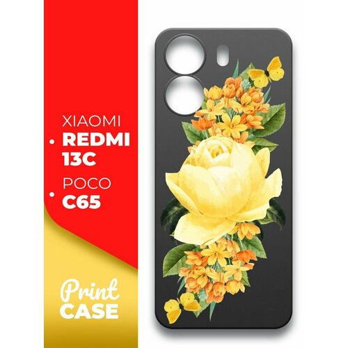 Чехол на Xiaomi Redmi 13C, POCO C65 (Ксиоми Редми 13С, Поко С65) черный матовый силиконовый с защитой вокруг камер, Miuko (принт) Желтые Розы чехол на xiaomi redmi 13c poco c65 ксиоми редми 13с поко с65 черный матовый силиконовый с защитой вокруг камер miuko принт желтые розы