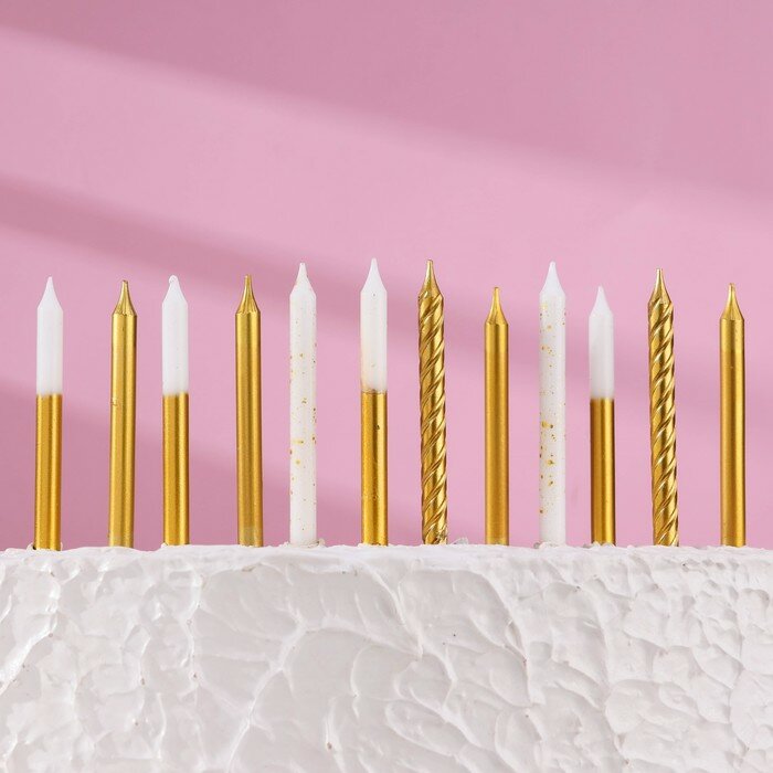 Набор свечей для торта "Золотая вечеринка", 12 шт, 8 см, белый и золотой металлик