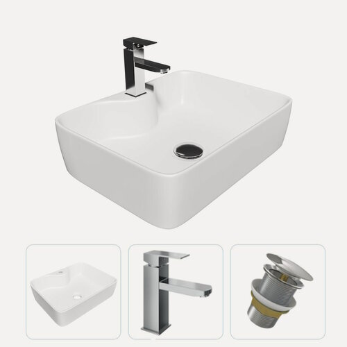 Изображение товара Раковина накладная для ванной Teymi Helmi S 48 в комплекте смеситель хром и донный клапан клик-клак без перелива хром F01638