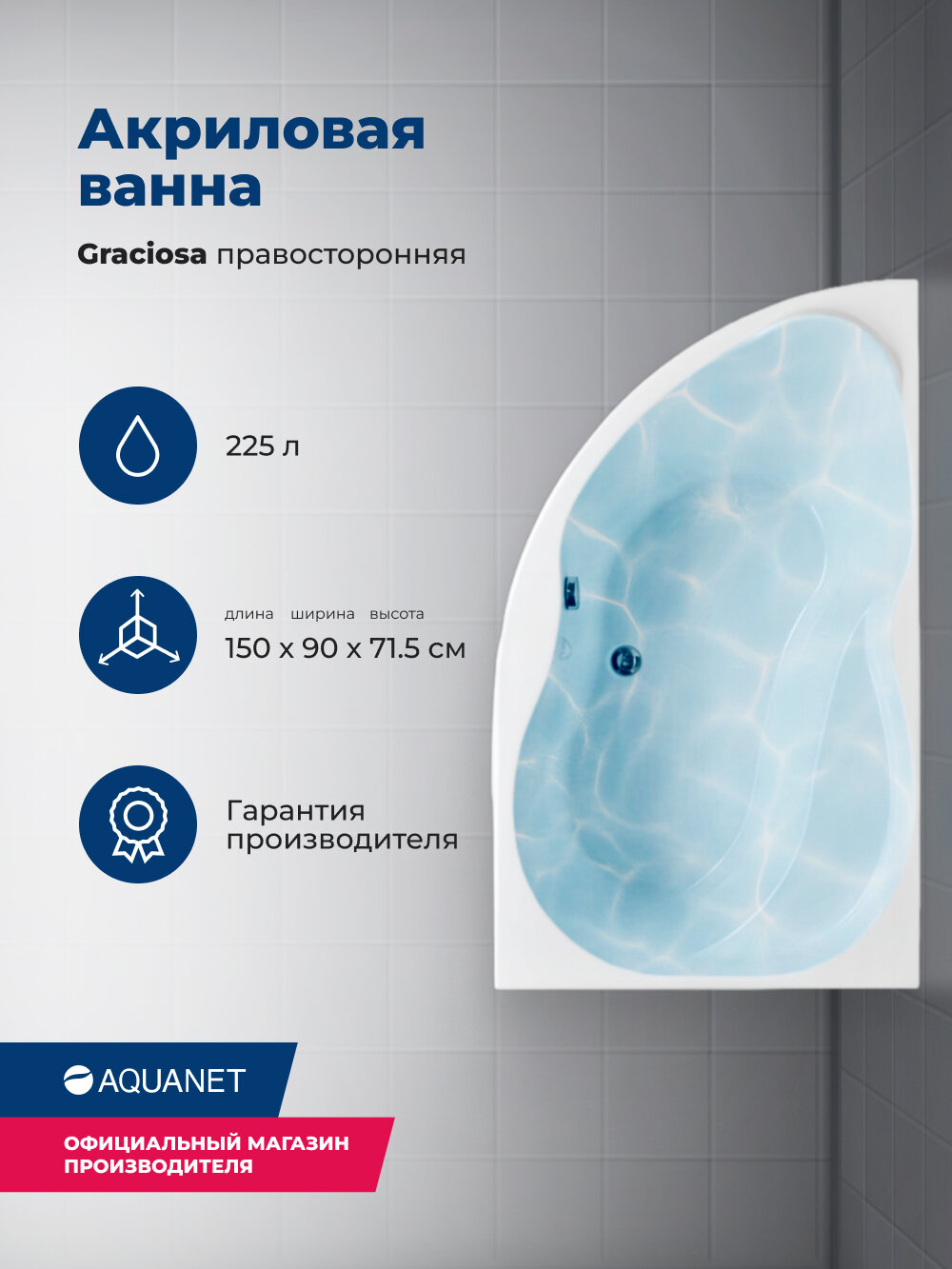 Акриловая ванна Aquanet Graciosa 150x90 R. Комплект 3 в 1: ванна с каркасом и лицевой панелью