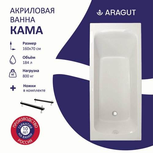 Акриловая ванна ARAGUT Кама 160х70 в комплекте с ножками 16071₽