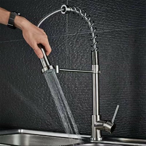 Смеситель для кухни ther с гибким изливом пружинный серый 3832₽