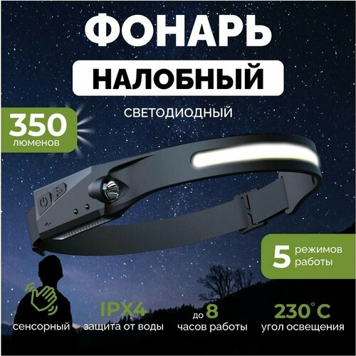 Фонарь налобный HEADLAMP аккумуляторный, светодиодный (гибкая COB панель + боковой светодиод, датчик движения, водонепроницаемый, зарядка USB)