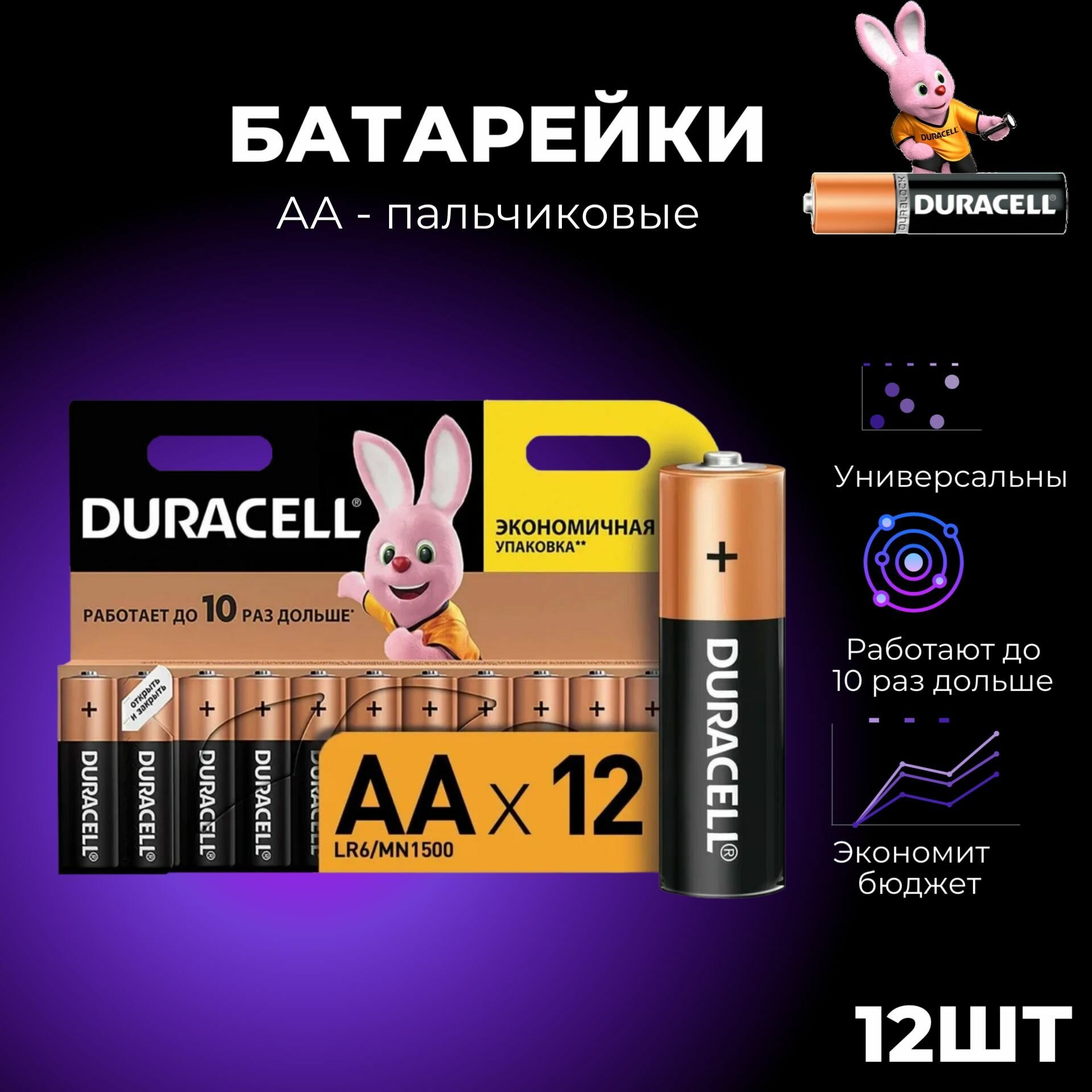 Батарейки дюрасел АА (пальчиковые) - 12 шт. / Duracell