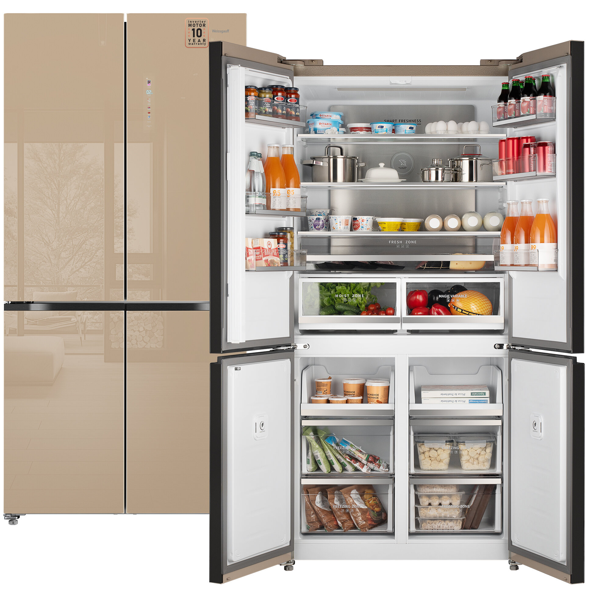 Отдельностоящий холодильник с инвертором Weissgauff WCD 510 Built-in Inverter NoFrost Сhampagne Glass четырех дверный Cross Door, 3 года гарантии, глубина 60 см, Сенсорное управление, Дисплей, Большой объём, суперзаморозка, суперохлаждение