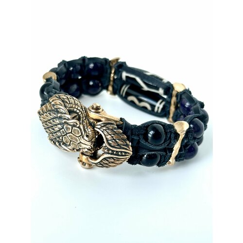 Плетеный браслет Josstone, аметист, кожа, турмалин черный, 1 шт., размер 19 см, синий, черный, фиолетовый, золотистый