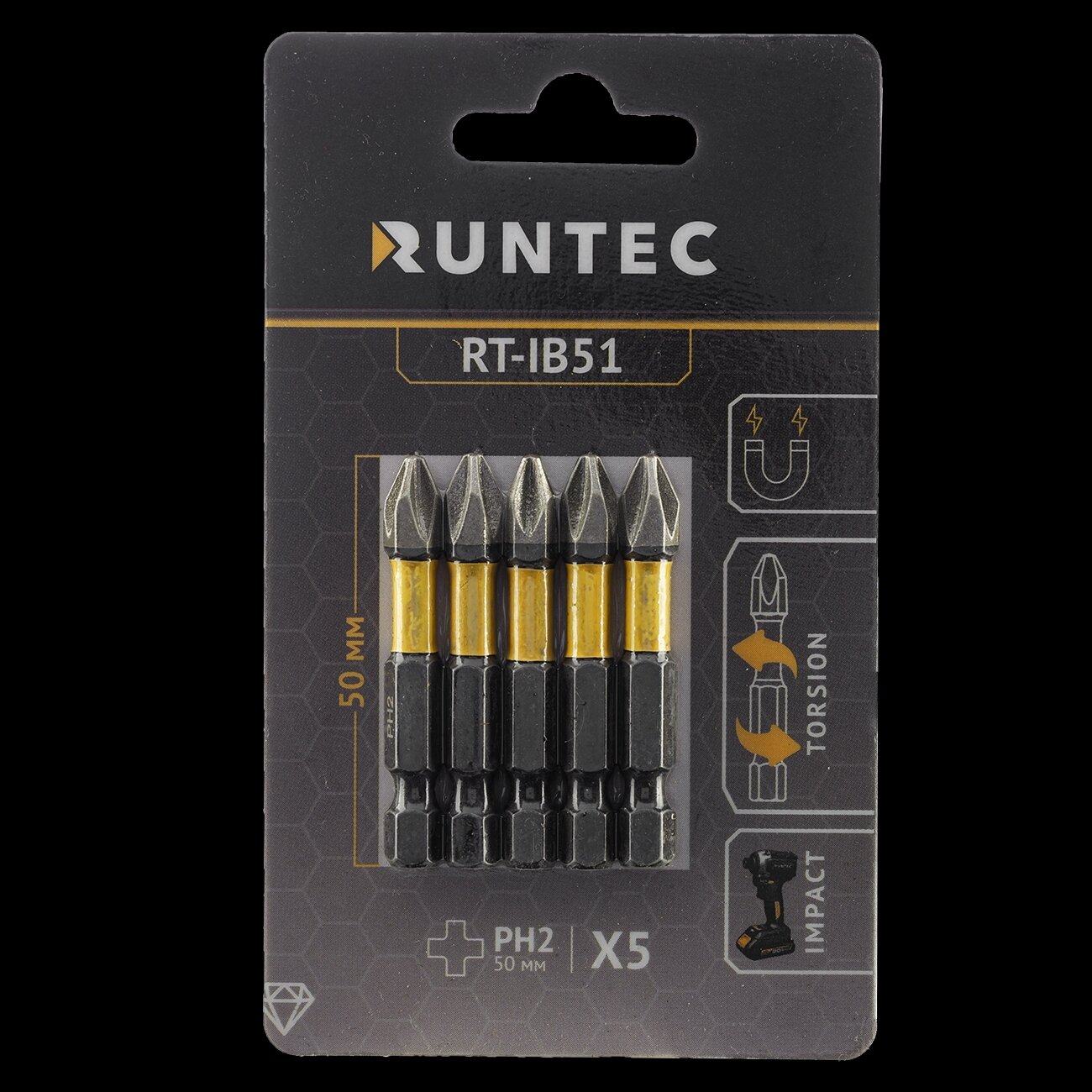 RUNTEC RT-IB51 Бита ударная RUNTEC Diamond Coating H6 35 50мм PH2 5шт 