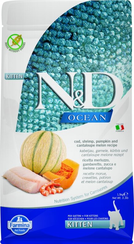 N&D Cat OCEAN с треской, креветками, тыквой и дыней беззерновой сухой корм для котят 1,5кг
