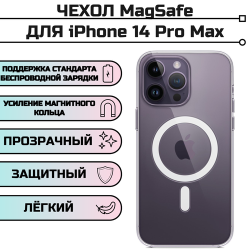 Чехол для iPhone 14 Pro Max Magsafe Айфон 14 Про Макс прозрачный с защитой камеры белый, бесцветный