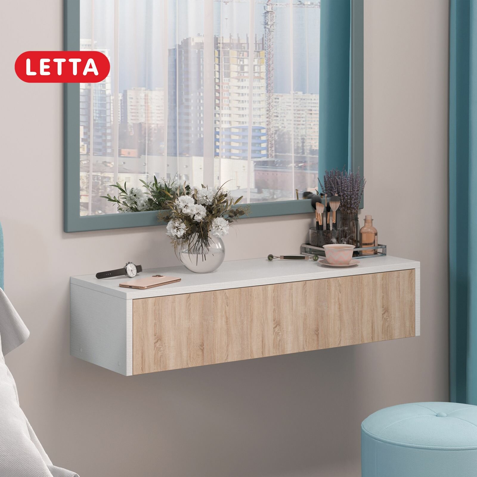 Столик макияжный, гримерный консоль 2 ящика Мальта Плюс Белое тиснение/ Дуб сонома