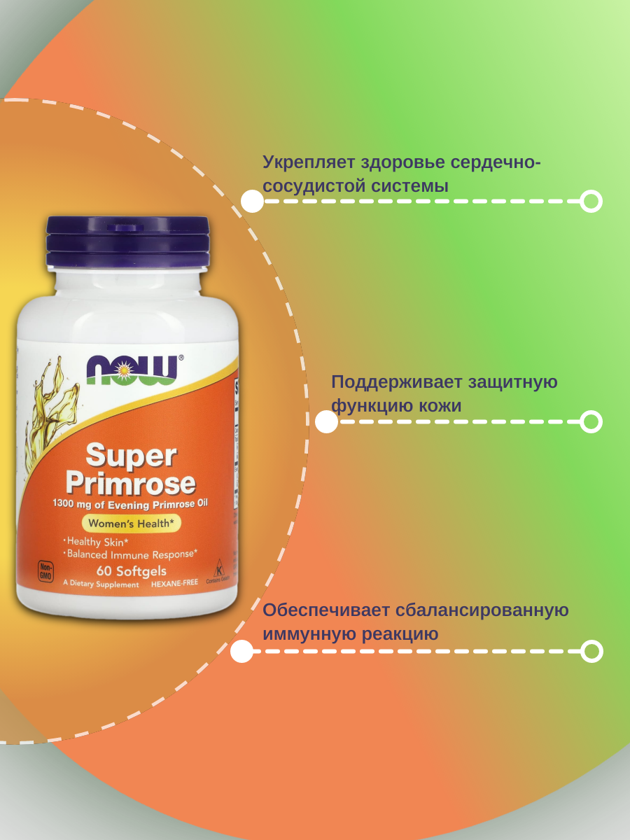 Картинки Капсулы NOW Super Primrose, 155 г, 1300 мг, 60 шт.