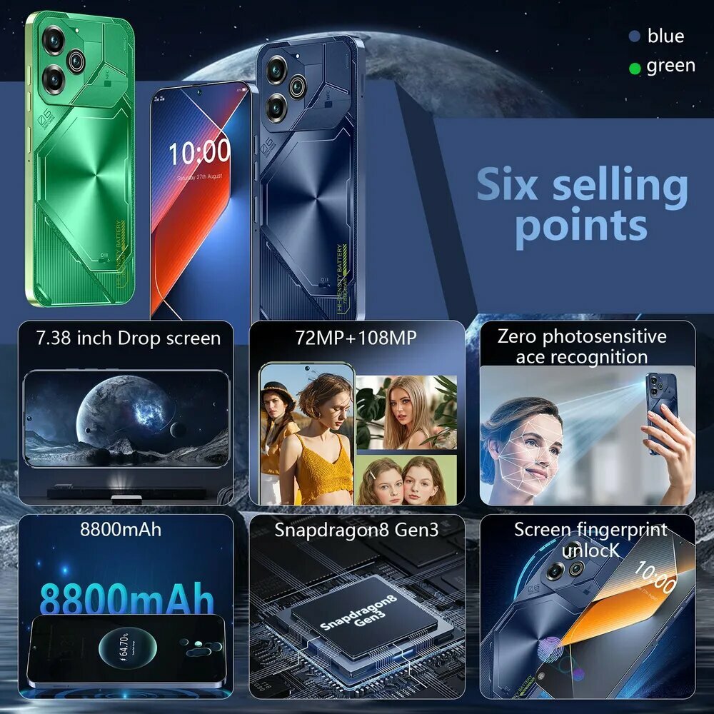 Android Смартфон Povo 6pro, 5G, 8000 мАч, поддержка русского языка, распознавание лиц, видео (Tiktok),16/1 ТБ, зеленый — фото 1