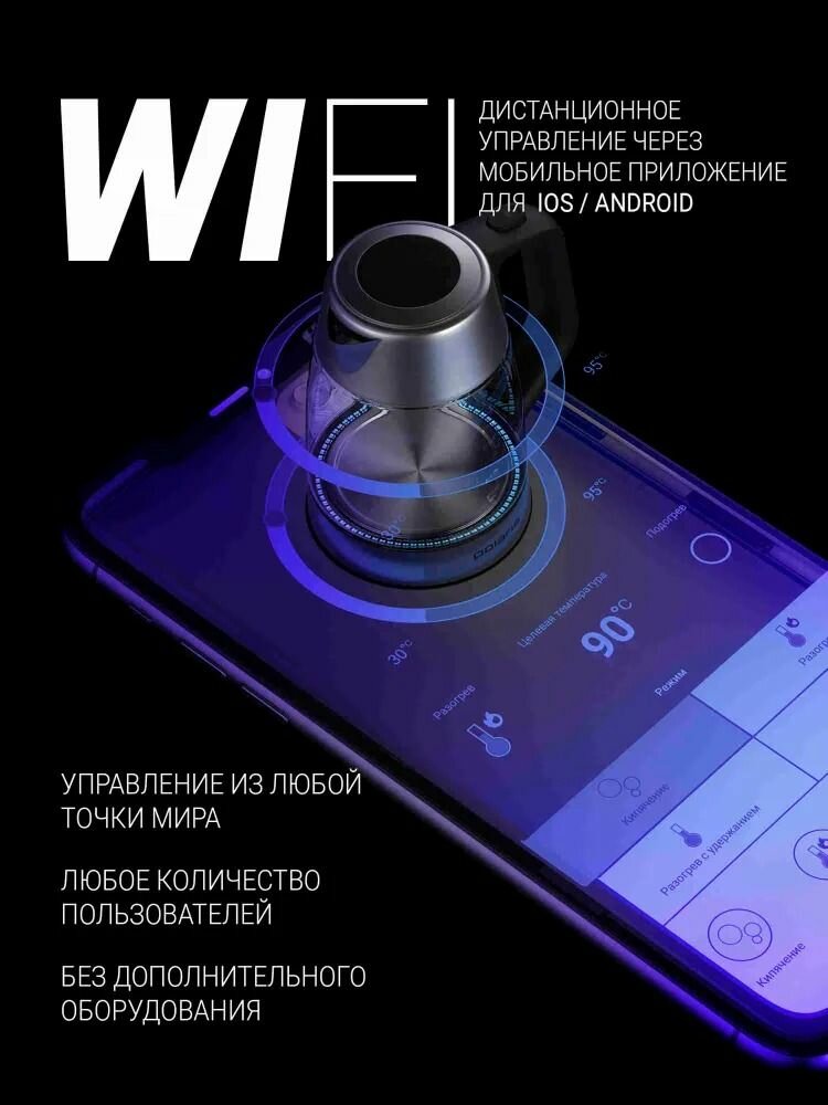 Чайник электрический с регулировкой температуры Polaris PWK 1775CGLD Wi-Fi IQ Home / Электрочайник стеклянный с подсветкой — фото 1