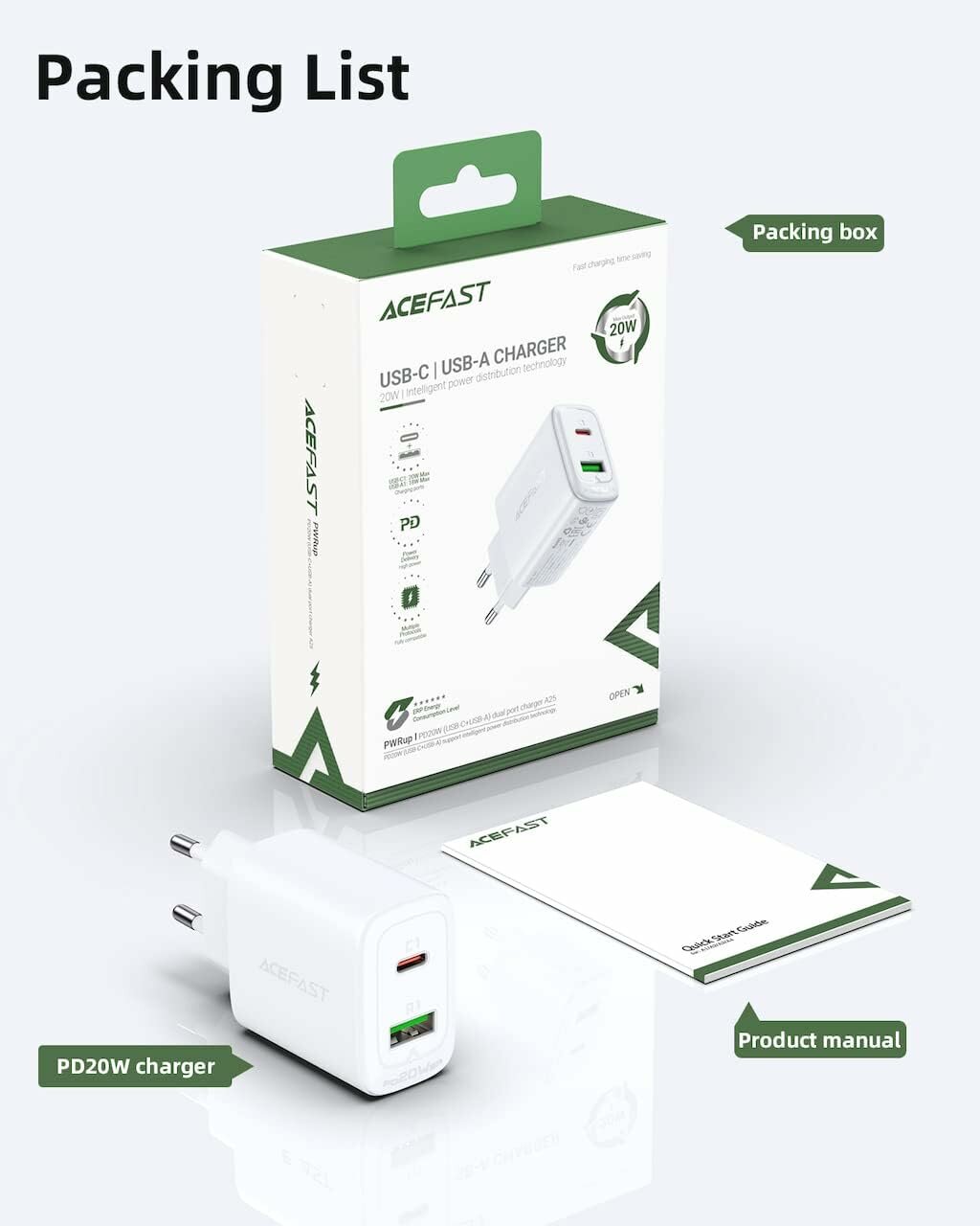 Зарядное устройство Acefast A25, для iPhone, Samsung и других моделей, 20Вт, USB-C, USB-A, белое