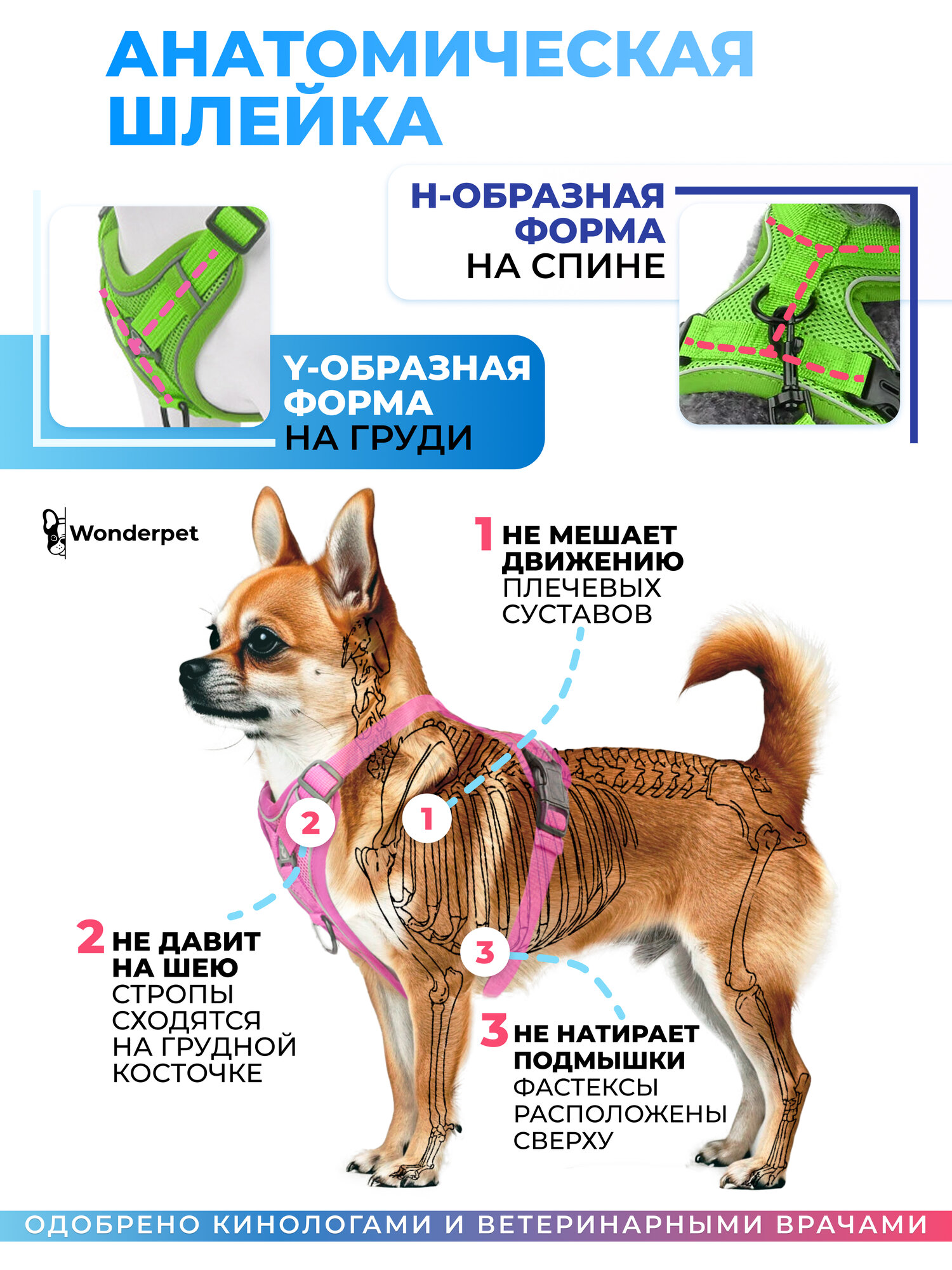 Шлейка прогулочная для собак и кошек регулируемая Wonder Pet / размер XL / зеленая — фото 1