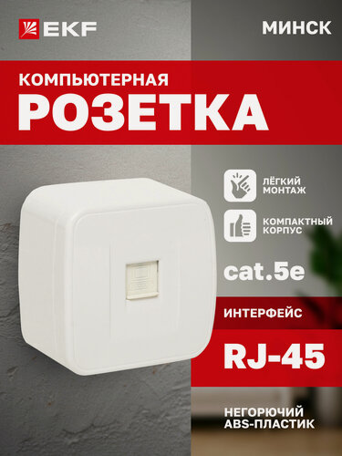 Изображение товара Розетка накладная компьютерная EKF RJ-45 LAN (8P8C) для витой пары (сетевого кабеля), 1 порт, внешняя, Минск