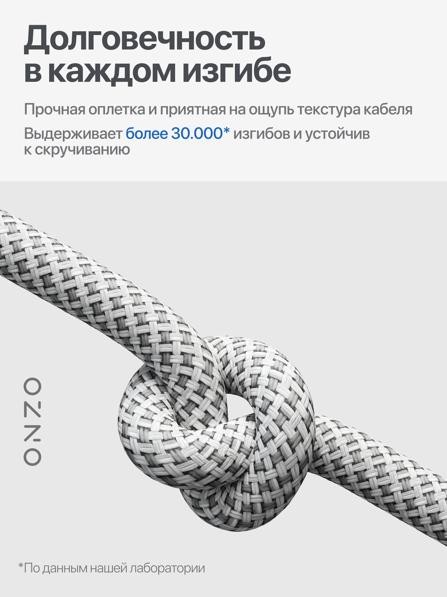 Зарядный кабель ONZO "Knit" USB-C/USB-C с поддержкой быстрой зарядки, 2м, 60Вт, светло-серый — фото 1