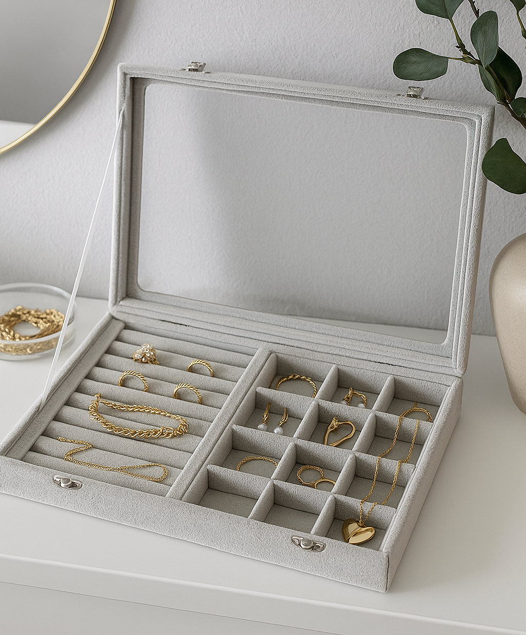 Шкатулка для украшений размер 9 полос 12 ячеек 35×24×4.5 см стеклянная крышка цвет серый