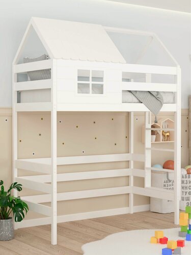 Изображение товара Кровать-чердак Домик с окном 180х90 с лестницей с торца, высота под кроватью 130 см