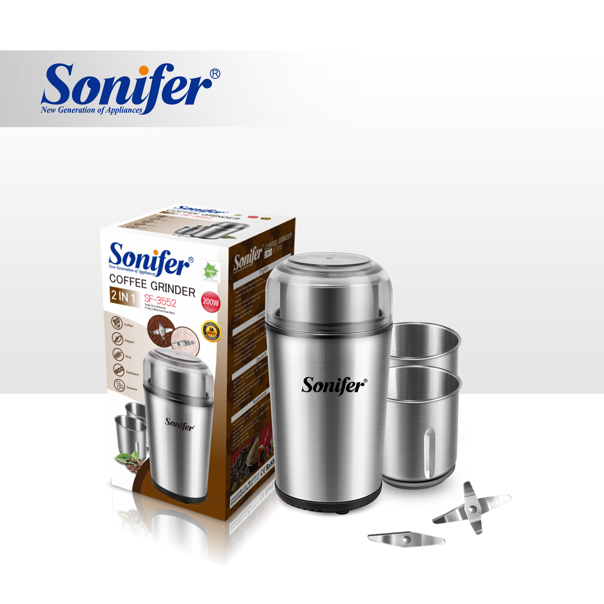 Кофемолка Sonifer SF-3552, 200Вт, ротационный нож, серебристо-черная