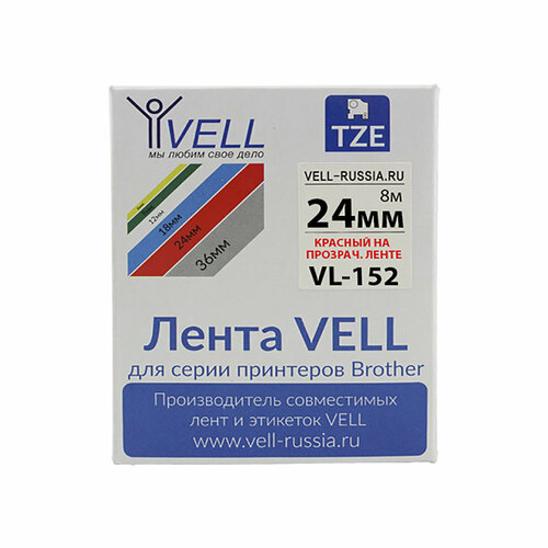 Лента Vell VL-152 (Brother TZE-152, 24 мм, красный на прозрачном) для PT D600/2700/P700/P750/ PTE550/9700/P900