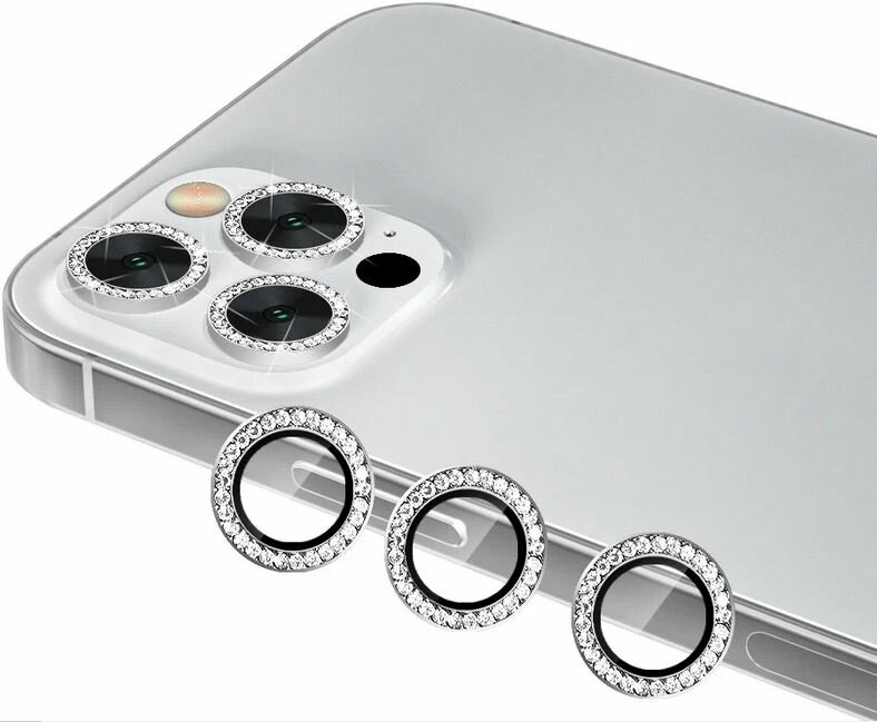 Линзы (стекла) для защиты камеры iPhone 15 Pro / 15 Pro Max Со Стразами Серебристые (Стразы Серебро)