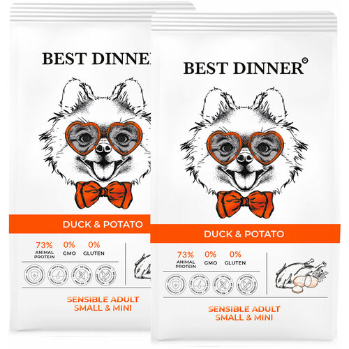 BEST DINNER DOG ADULT MINI SENSIBLE для взрослых собак маленьких пород с чувствительным пищеварением с уткой и картофелем (3 + 3 кг) happy dog supreme sensible france полнорационный сухой корм для собак средних и крупных пород с пищевой аллергией беззерновой с уткой и картофелем 2 8 кг