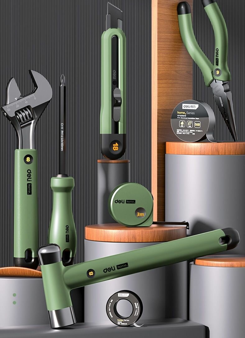 Изображение Набор ручного инструмента DELI Home Series Green HT0008L 8 предметов, эксклюзивный дизайн, софттач пластик, подарочная упаковка