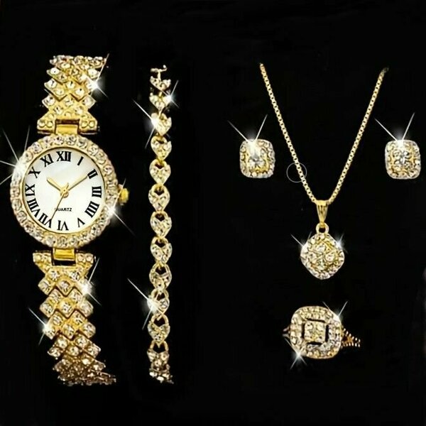 Комплект бижутерии Классический набор украшений Hifive с кристаллами: браслет, кольцо, серьги, подвеска, цепь