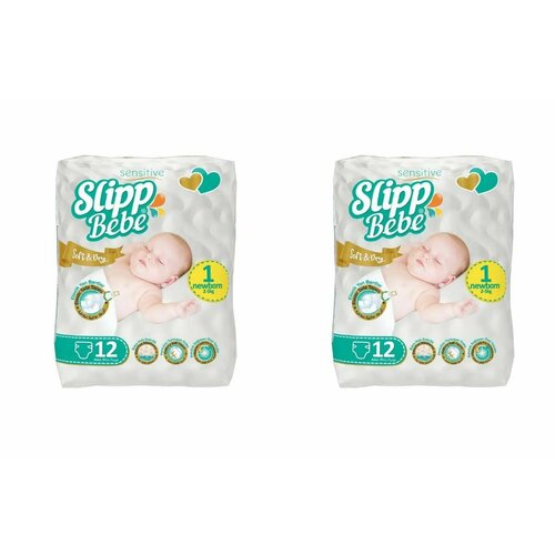 SLIPP BEBE Детские подгузники Soft&Dry Newborn, 2-5 кг, 12 шт в уп, 2 упаковки