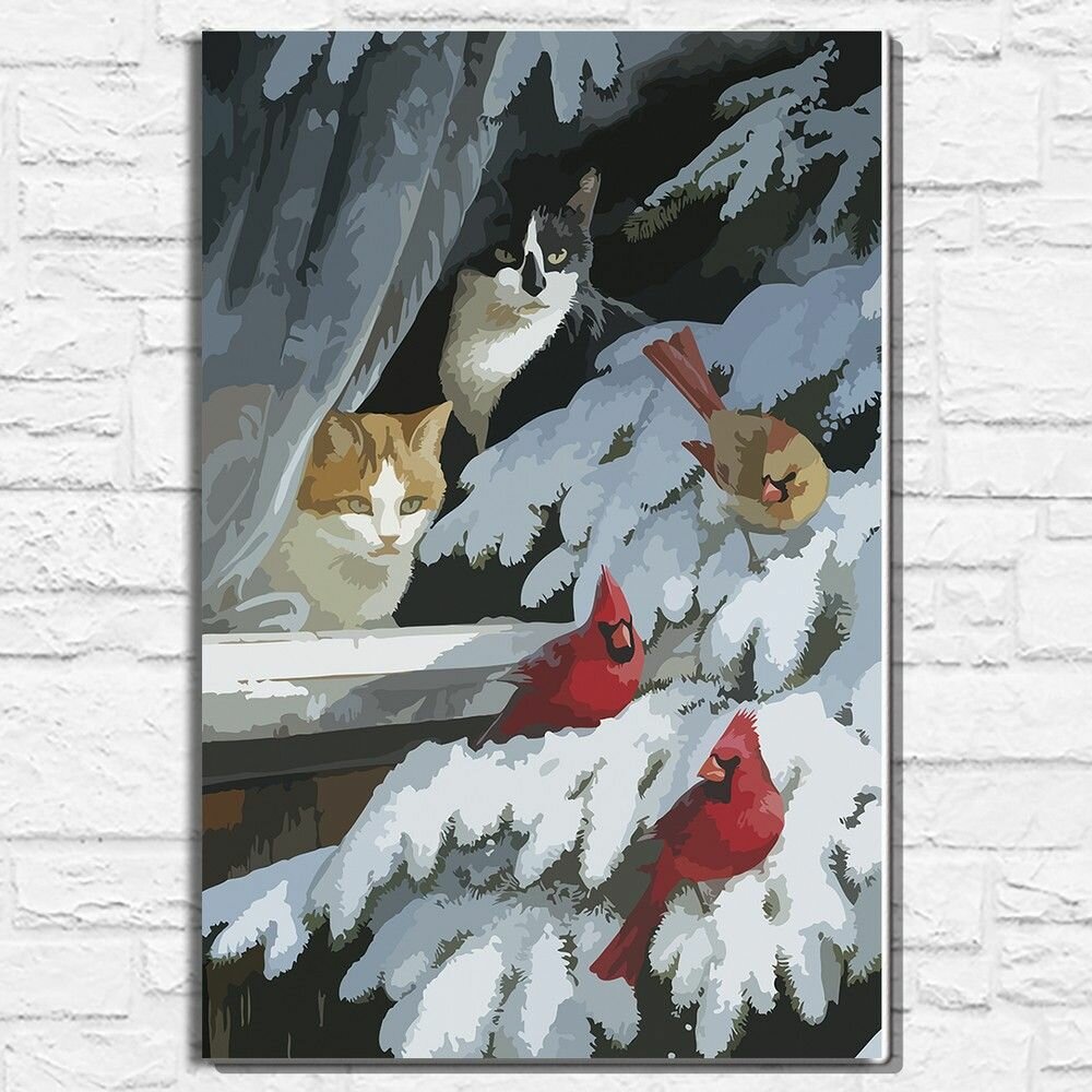 Картина по номерам на холсте новый год рождество (котики, милота, винтаж, елка, гирлянда) - 13078 40х60