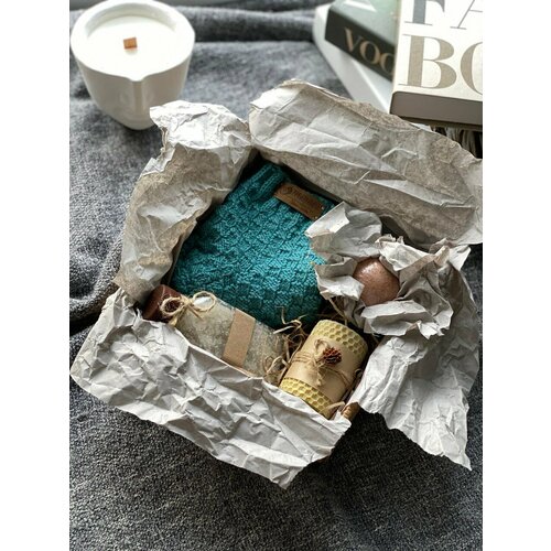Подарочный женский набор, носки ручной работы, бурлящий шар, соль для ванной, свеча из вощины, цвет морская волна