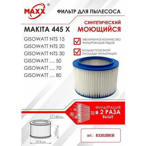 Фильтр гофрированный синтетический, моющийся для пылесоса Gisowatt, Makita фильтр гофрированный синтетический моющийся для пылесоса gisowatt makita