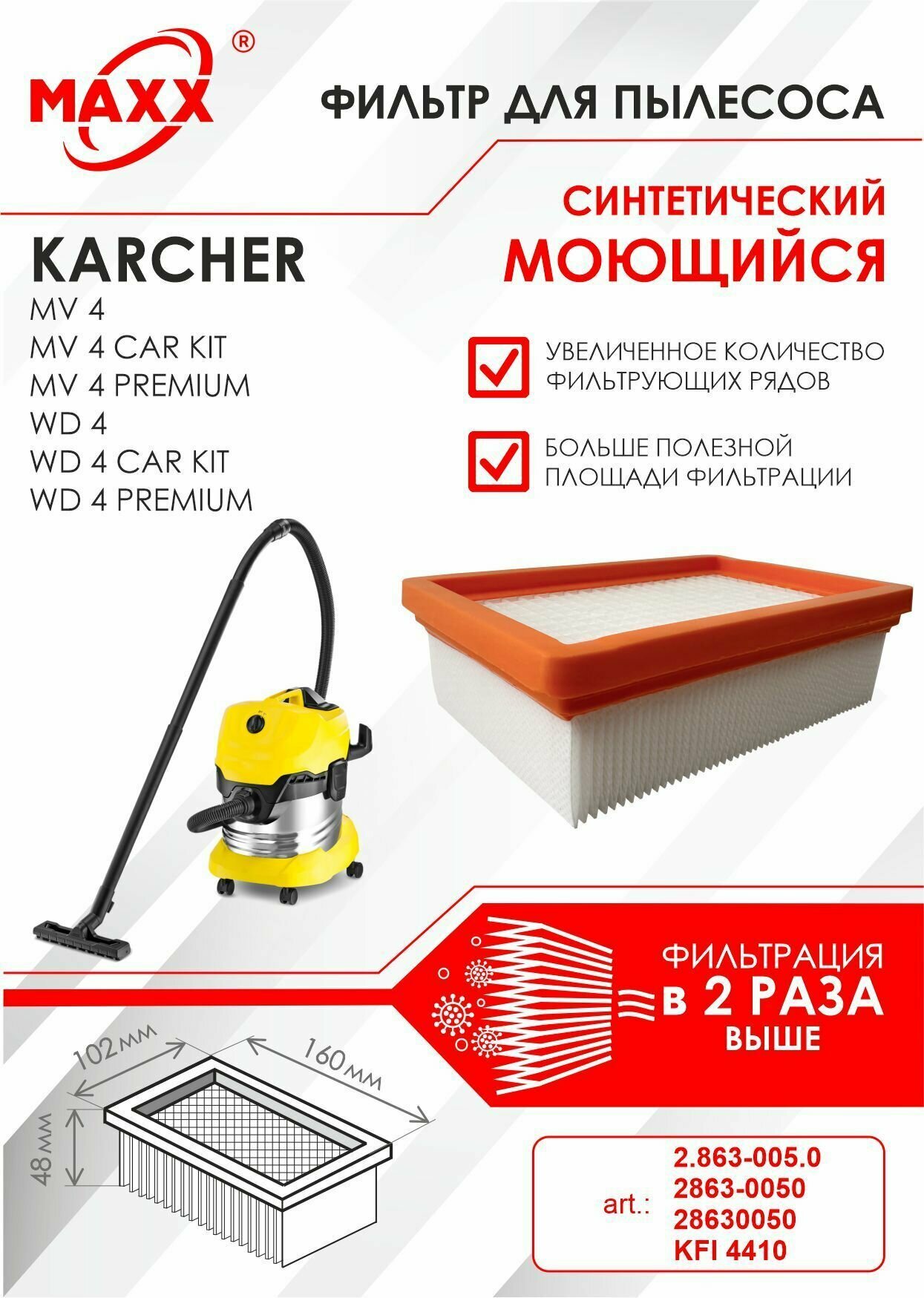 Плоский складчатый фильтр синтетический, моющийся для пылесоса Karcher MV 4, MV 4 Premium, Karcher WD 4, WD 4 Premium