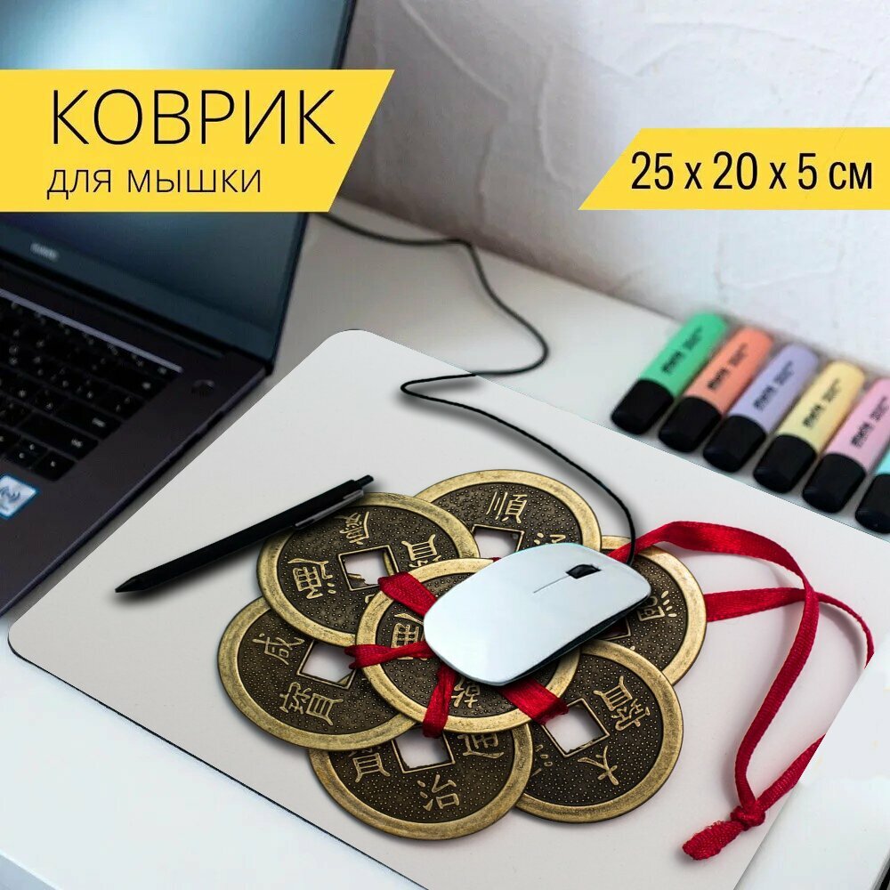 Коврик для мыши с принтом "Китайские монеты монеты китайский язык" 25x20см.