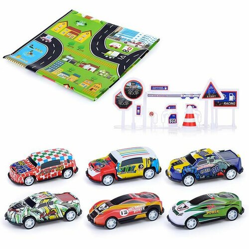 Набор машин Oubaoloon Гоночный трек, 6 шт, с картой и дорожными знаками, в пакете (YF1215) игровой набор тобот гоночный трек