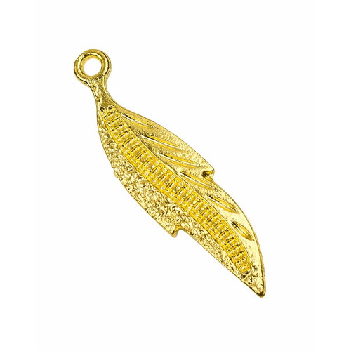 Подвеска перышко 33х8х1,9 мм, отверстие - 2 мм, сплав олова с позолочением, 6 шт.