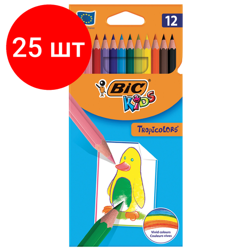 Комплект 25 шт, Карандаши цветные BIC Tropicolors, 12 цветов, пластиковые, заточенные, европодвес, 8325666 карандаши цветные bic kids tropicolors 18 цветов