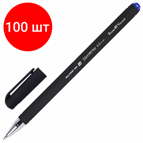 Комплект 100 шт, Ручка шариковая BRUNO VISCONTI SlimWrite, Black, синяя, корпус черный, узел 0.5 мм, линия письма 0.3 мм, 20-0009