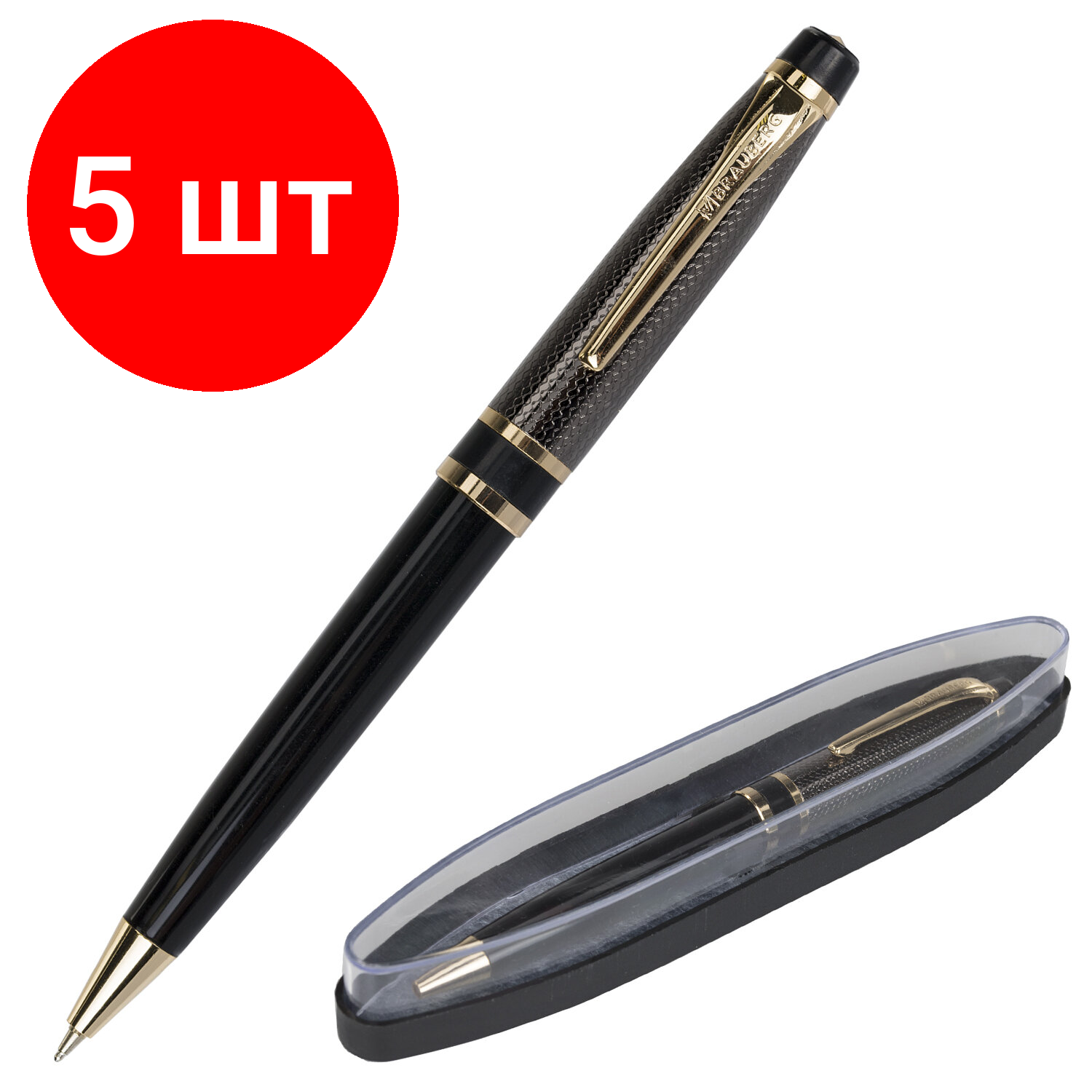 Комплект 5 шт, Ручка подарочная шариковая BRAUBERG Sonata, синяя, корпус золотистый с черным, линия письма 0.5 мм, 143483