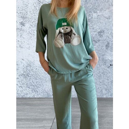 фото Костюм, футболка и брюки, повседневный стиль, оверсайз, карманы, манжеты, размер 46, зеленый famelin